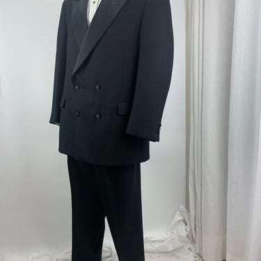 1990s 2 Piece Black Tuxedo - Double Breasted - Notched Satin Lapel - Pleated Wide Legged Baggies - Size Large 46 Regular - 41 Inch Pant 