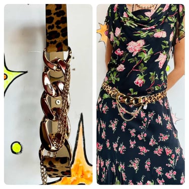Vegan Leopard Print Belt with Gold Chains - Adjustable Punk Boho Glam Belt - 39" 