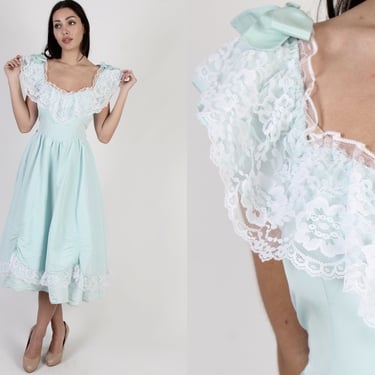 Vintage 80s Gunne Sax Prom Dress / Pale Blue Floral Lace Princess Dress / 1980s Womens Dance Midi Mini Gown Dress 