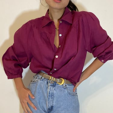 90s linen smock blouse / vintage garnet berry linen gathered ruched artist smock oversized blouse | Large 