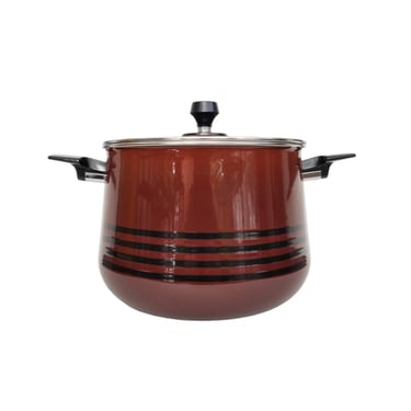 Vintage Brown Enamel Pot / 1970s Stripe MCM Soup Pot with Lid / Danish Modern West Bend 5 Qt Stock Pot / Midcentury Enamelware Sauce Pot 