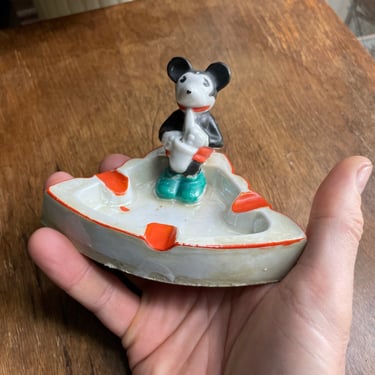 Post War Mickey Mouse Saxophone Cheese Ashtray Japan Early 1950s Vintage Ceramic Import Mid-Century Disney 