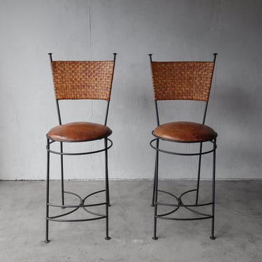 Pair of Oversized Vintage Woven Leather and Iron Bar Stools - Umanoff Style 