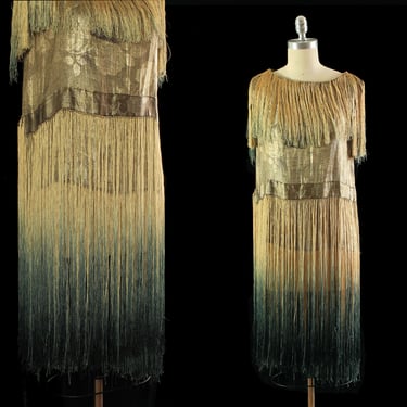 Rare 1920s Dress / 20s Gold Metallic LAMÉ Dress / Rose Pattern / Silk Ombre Fringe 