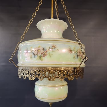 Vintage Hanging Hurricane Lamp with Pearlescent and Floral Shade 10" x 25"