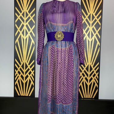 1970s dress, sheer silk dress, vintage 70s dress, purple striped dress, silk farm, puff shoulders, bohemian, medium, border print, boho 