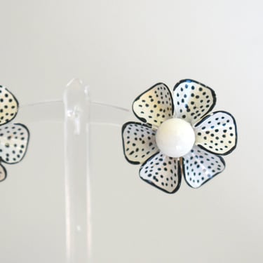 1960s Black and White Polka Dot Flower Clip Earrings 