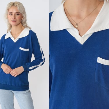 Blue Polo Sweatshirt 80s Collared Sweatshirt Raglan Sleeve Buttonless V Neck Striped Sweater Retro Preppy Basic Cotton Vintage 1980s Medium 