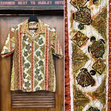 Vintage 1950’s Atomic Sea Turtle Tiki Cotton Hawaiian Shirt, Kamehameha, Loop Collar, Rare Print, 1950’s Shirt 