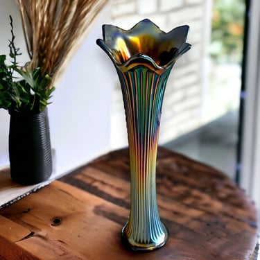 Antique Fenton Glass Fine Rib Blue Carnival Glass Vase 12
