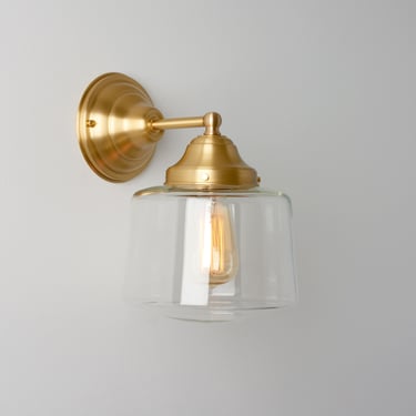 Mid Century Inspired - School House Wall Sconce - Clear Glass Drum Fixture - Brass Lighting 