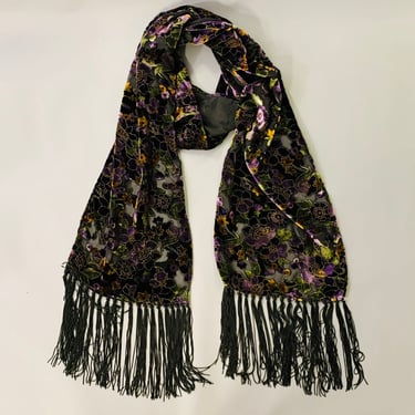 VINTAGE Black Purple Floral Burnout Velvet Fringe Scarf