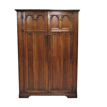 Wood Armoire | Vintage English Tiger Oak Cathedral Carved Linen Fold Double Door Wardrobe 