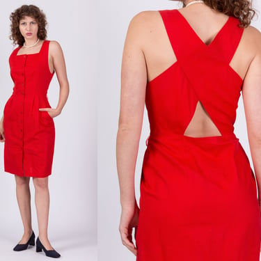 80s Red Linen Blend Cross Back Dress - Medium | Vintage Ann Tijan For Kenar Button Up Sleeveless Sundress 