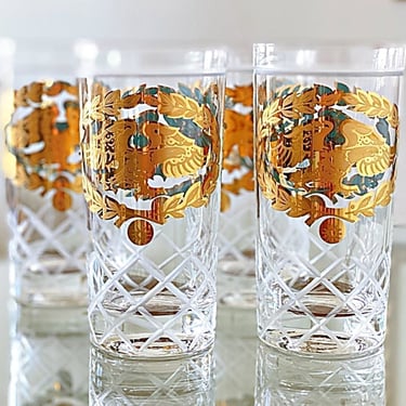 Vintage Fred Press Highball Glasses with Turquoise & Gold Federal Eagles, Cut Glass Patriotic Barware tumblers. MINT - NOS 