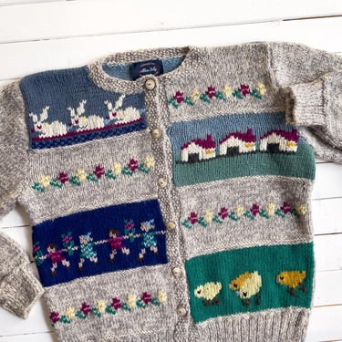 cottagecore sweater 80s vintage Allen Solly bunny rabbit chicken farm animal wool cardigan 