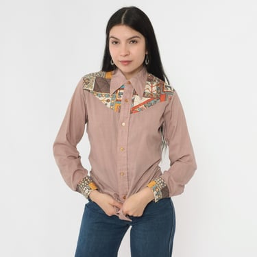 Vintage 70s Quilted Western Shirt Brown Patchwork Floral Button up Shirt Yoke Long Sleeve Rodeo Cowboy 1970s Small S 