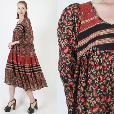 Kaiser Brand India Gauze Dress, Vintage 70s Block Print Cotton Sundress, Designer Oversized Ethnic Summer Outfit 