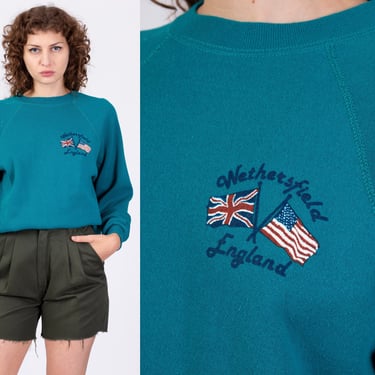 80s Wethersfield England Sweatshirt - Men's Medium, Women's Large | Vintage Teal Green Tourist Graphic Taglan Crewneck 