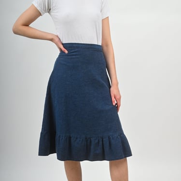 1970s Darkwash Denim Tiered Ruffle Midi Skirt