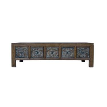 Brown Solid Wood Flower Carving 5 Drawers Blue Marks Low TV Stand Cabinet ws4388E 