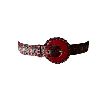 Vintage Milor Red Multicolored Tooled Leather Puzzle Belt 