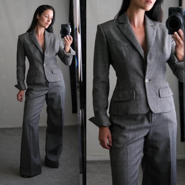 Vintage Y2K MICHEL HARCOURT Glen Plaid Two Piece Wide Legged Pant Suit | Made in France | 2000s Karl Lagerfeld Style Designer Power Set 