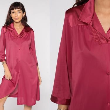 80s Pajama Dress Lingerie Dress Raspberry Red Nightgown Long Sleeve Midi Nylon Nightie Boho Vintage Button Up Robe Dress Large L 