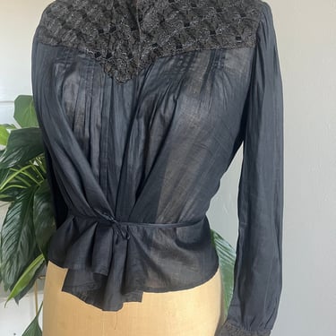 1900s Black Cotton Voile Embroidered Shirt 36 Bust Vintage 