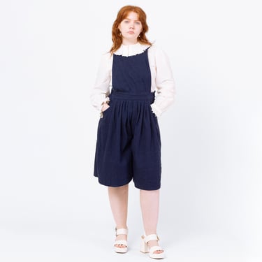 Vintage 70s Dark Wash Denim Pinafore Romper - Medium | Retro Chambray Sleeveless Apron Overall Playsuit 