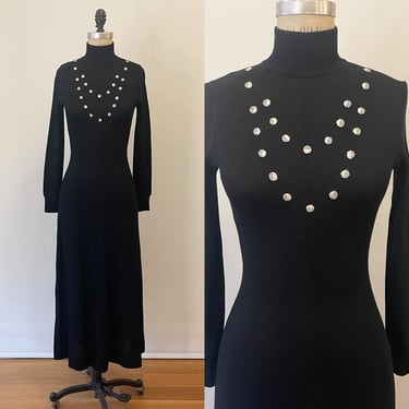 Vintage 1970s Black Wool Knit Turtleneck Midi Dress with Embroidered Bodice Faux Necklace/70s Body Hugging Mockneck A-Line Sweater Dress S 