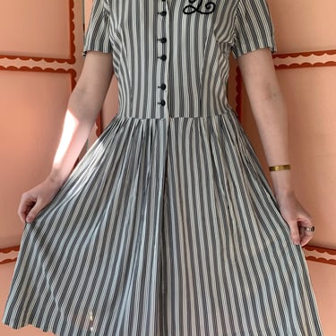 1940s Black and White Striped Rayon Jersey Dress - Size M