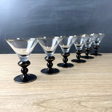 Art deco cordial glasses with black and gilt stems - set of 6 