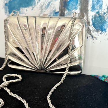 Silvertone Metal Box Purse, Shiny Sunburst Design, Italy, Cross Body Chain Strap, Optional Clutch Style, Leather Lining, Vintage 70s 80s 