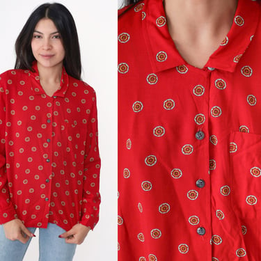 90s Abstract Blouse Red Floral Print Rayon Button Up Shirt Geometric Pattern Long Sleeve Collared Top 1990s Vintage Medium M Petite 