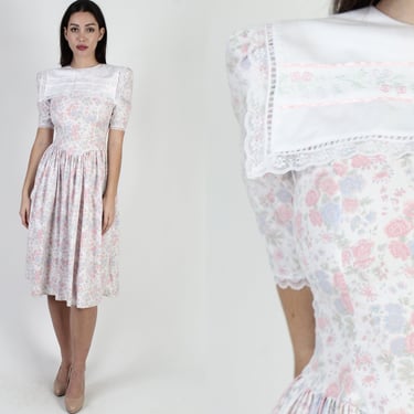 Gunne Sax Romantic Pastel Floral Dress / Womens Spring Fairytale Lawn Dress / Vintage 80s Dusty Victorian Garden Midi 