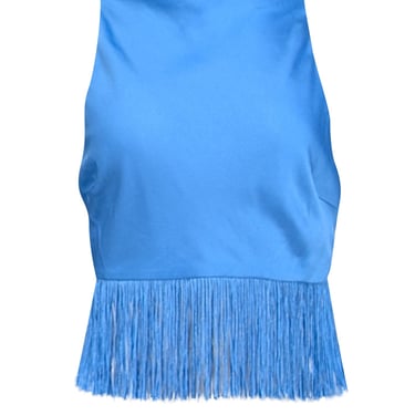 Saylor - Blue Satin High Neck Sleeveless Top w/ Fringe Trim Sz M