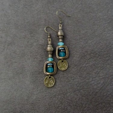 Teal blue earrings, African afrocentric earrings, tribal ethnic earrings, bold earrings, boho earrings, sea glass earrings, antique bronze 