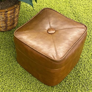 Vintage Ottoman Retro 1970s Mid Century Modern + Brown Vinyl + Square Shape + Tufted Button Top + Footrest + Extra Seating + MCM Furniture 