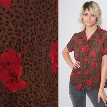 Leopard Floral Blouse 90s Button Up Shirt Red Rose Animal Print Glam Top Brown Short Sleeve Vintage 1990s Medium 10 