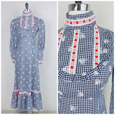 1970s Vintage Blue and White Gingham Cotton Country Maxi Dress / 70s / Flocked Floral Red Ribbon Prairie Dress / Size Small 