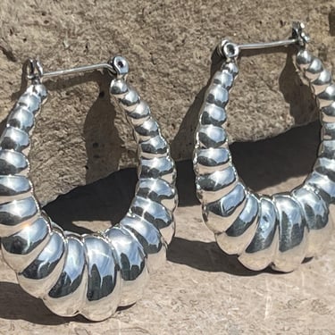 Large Sterling Silver Scalloped Horseshoe Wire Post Latch Earrings - 1.75 Inches 