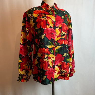 90’s Silk button down blouse boxy loose oversized fit 1980s 1990s y2k trends bright colorful floral print Hawaiian vibes /size Medium 