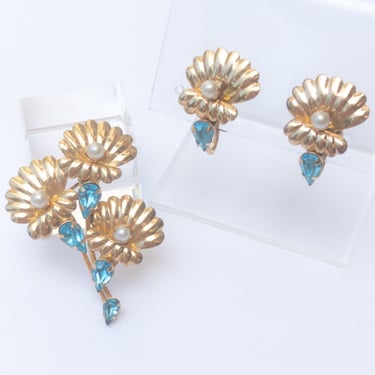 Vintage 40s BROOCH & EARRING Set / 1940s GF Star-Art Signed Flower Earring and Pin Set 