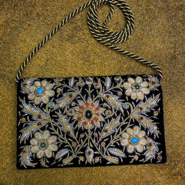 Vintage Black Velvet Clutch Beaded Embroidered Purse Gold Wire 