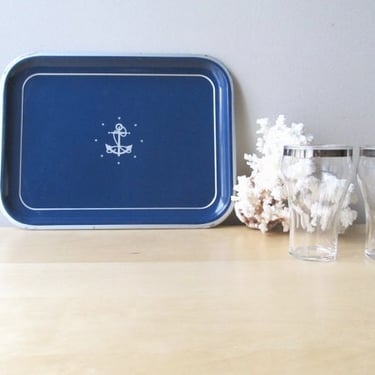 vintage metal trays navy blue and silver anchor stars and stripe - nautical decor 