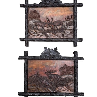 Pair Black Forest Carved Panels