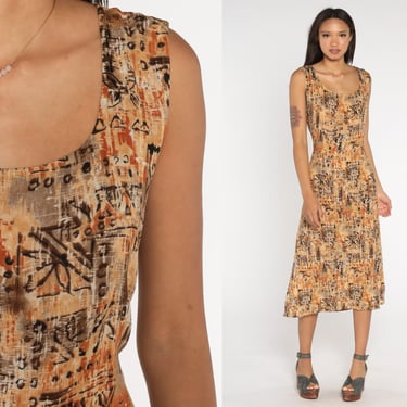 90s Floral Dress Geometric Tropical Flower Print Midi Dress Tan Brown Hippie Bohemian Vintage 1990s Sun Sleeveless Summer Rayon Petite Large 