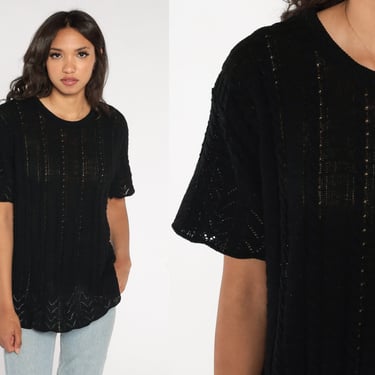 Black Knit Blouse 70s Pointelle Cutout Top Short Sleeve Sweater Shirt Plain Retro Boho Simple Basic Girly Vintage 1970s Extra Large L XL 