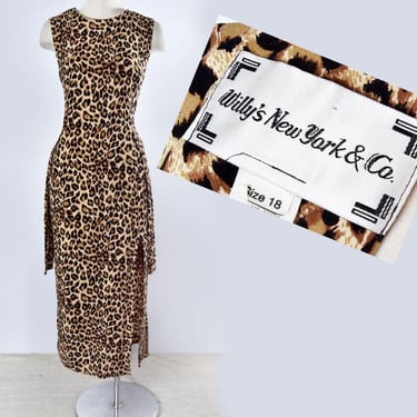 Leopard Print Dress Vintage 1980's, LARGE size 18, Rayon, Wiggle Fitted Evening Party Dress Designer Willy's New York Gown 